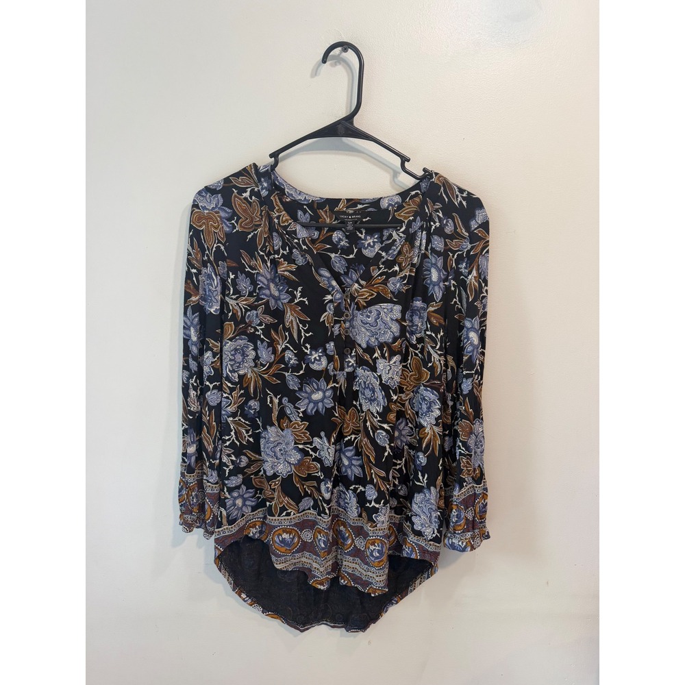 Lucky Brand‎ Womens Small Black Floral Viscose Boho Button Front High Low Blouse